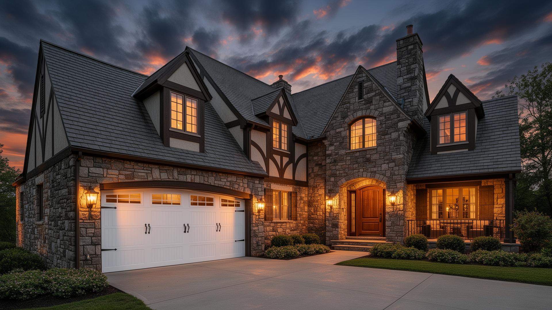 Beautiful Tudor style home with premium white steel panel garage doors at dusk in South Prairie, WA